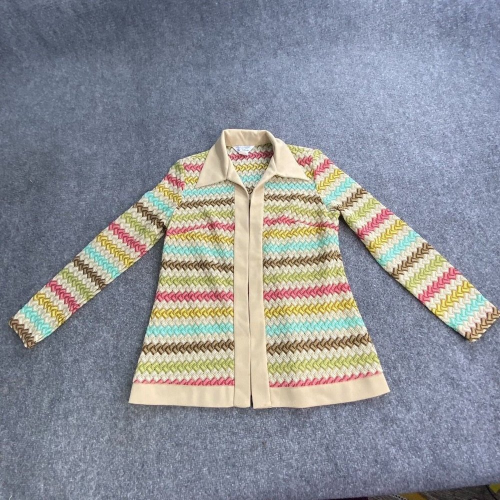Vintage 70s Sears Cardigan‎ Womens 10 Multicolor Flame Stitch Open Hippie Boho